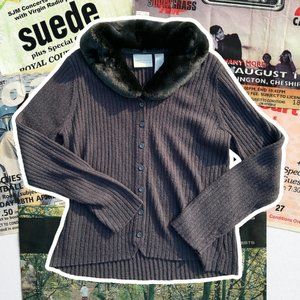 90s Vintage Large Black Cardigan with Removable Faux Fur Collar - First Issue by